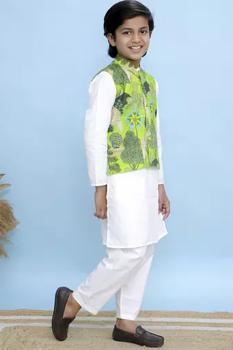 White printed cotton nehru jacket set