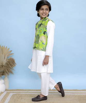 White printed cotton nehru jacket set 3
