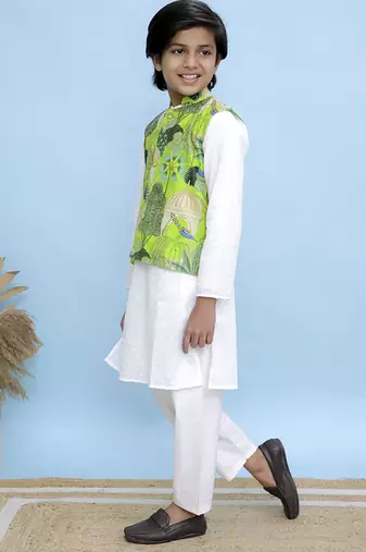 White printed cotton nehru jacket set