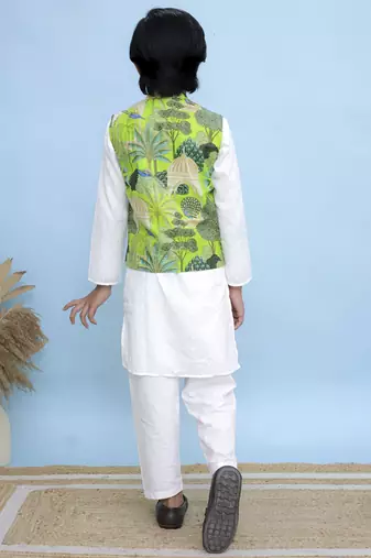 White printed cotton nehru jacket set