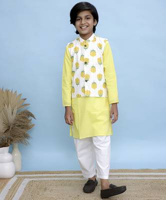 Yellow printed cotton nehru jacket set 1