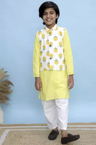 Yellow printed cotton nehru jacket set