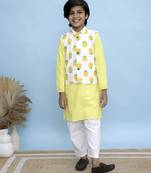 Yellow printed cotton nehru jacket set