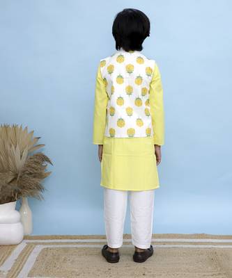 Yellow printed cotton nehru jacket set 2