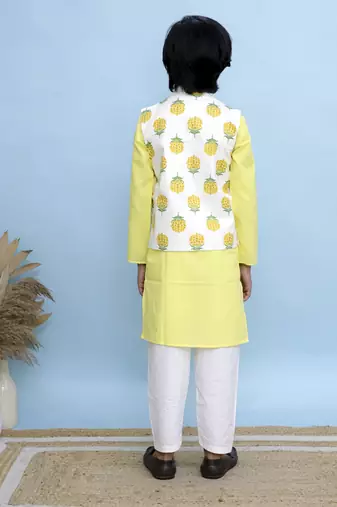 Yellow printed cotton nehru jacket set