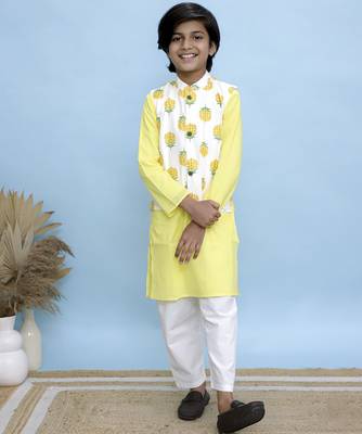 Yellow printed cotton nehru jacket set 3