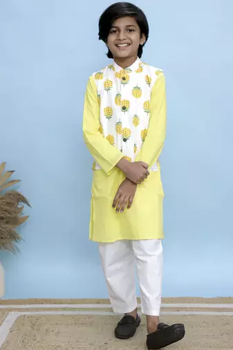 Yellow printed cotton nehru jacket set