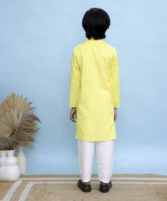 Yellow printed cotton nehru jacket set 4