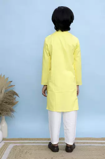 Yellow printed cotton nehru jacket set