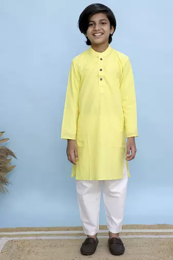Yellow printed cotton nehru jacket set