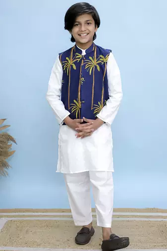 White printed cotton nehru jacket set