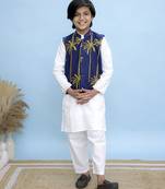 White printed cotton nehru jacket set