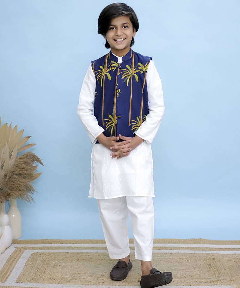 White printed cotton nehru jacket set