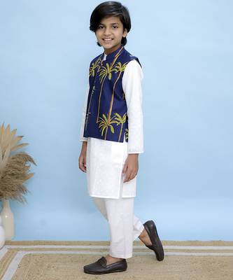 White printed cotton nehru jacket set 2