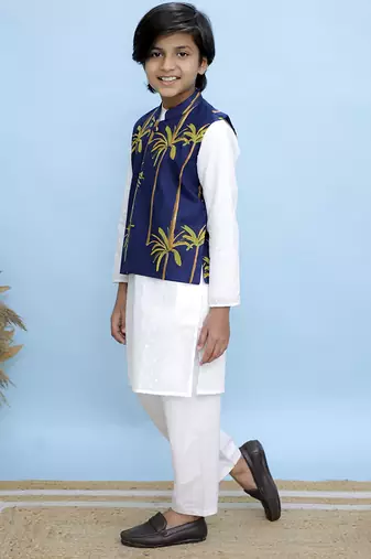 White printed cotton nehru jacket set