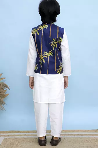 White printed cotton nehru jacket set