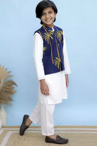 White printed cotton nehru jacket set