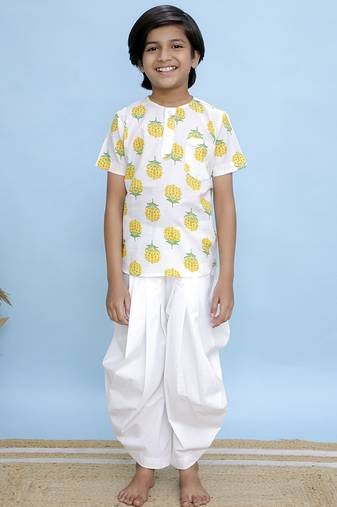 White printed cotton kurta