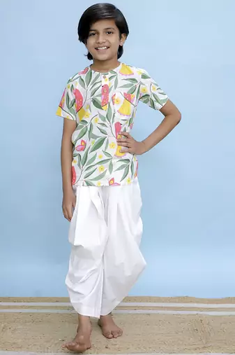 White printed cotton kurta