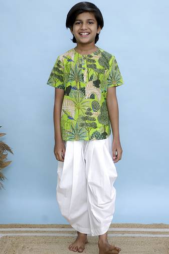 Green printed cotton kurta