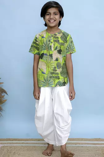 Green printed cotton kurta