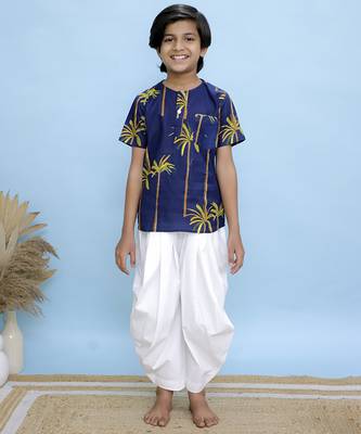 Navy blue printed cotton kurta 1