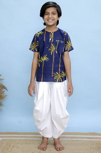 Navy blue printed cotton kurta