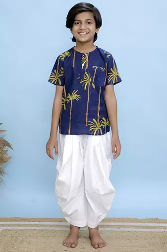 Navy blue printed cotton kurta