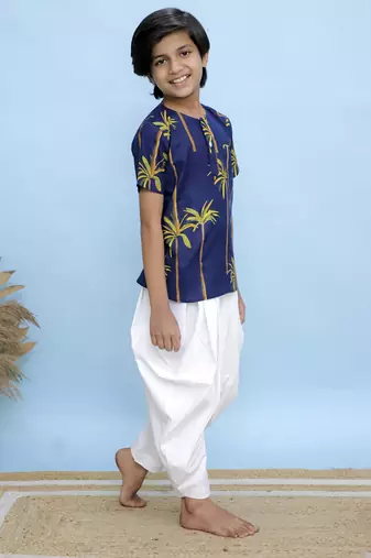 Navy blue printed cotton kurta