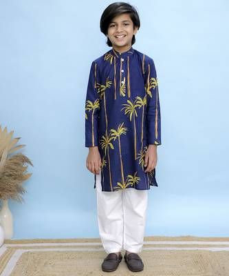Navy blue printed cotton kurta pyjama 1