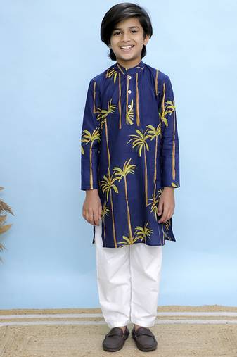 Navy blue printed cotton kurta pyjama