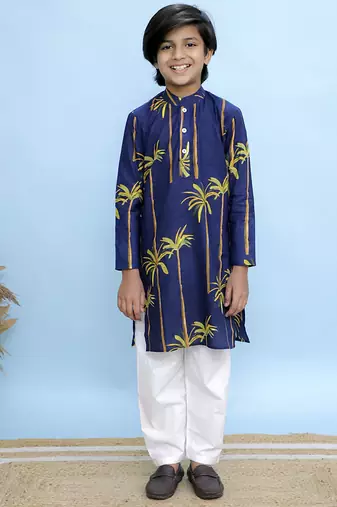 Navy blue printed cotton kurta pyjama