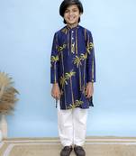 Navy blue printed cotton kurta pyjama