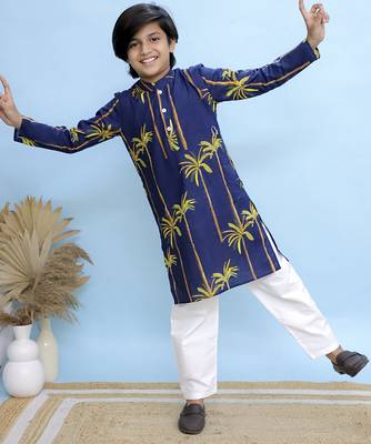 Navy blue printed cotton kurta pyjama 2
