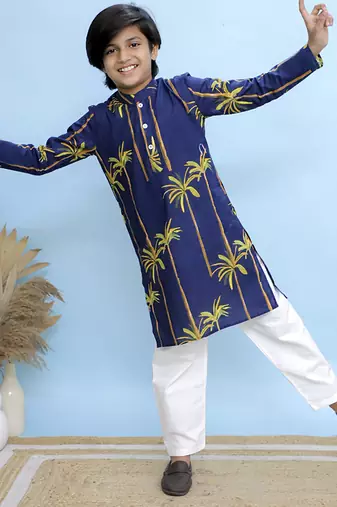 Navy blue printed cotton kurta pyjama