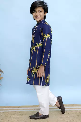 Navy blue printed cotton kurta pyjama