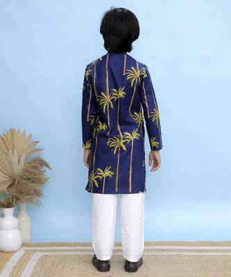 Navy blue printed cotton kurta pyjama 5