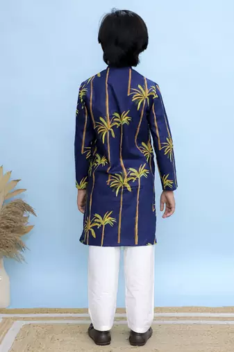 Navy blue printed cotton kurta pyjama