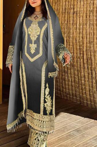 Grey embroidered chinon pakistani salwar suit