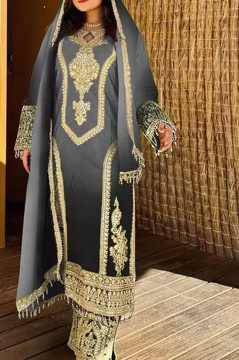 Grey embroidered chinon pakistani salwar suit