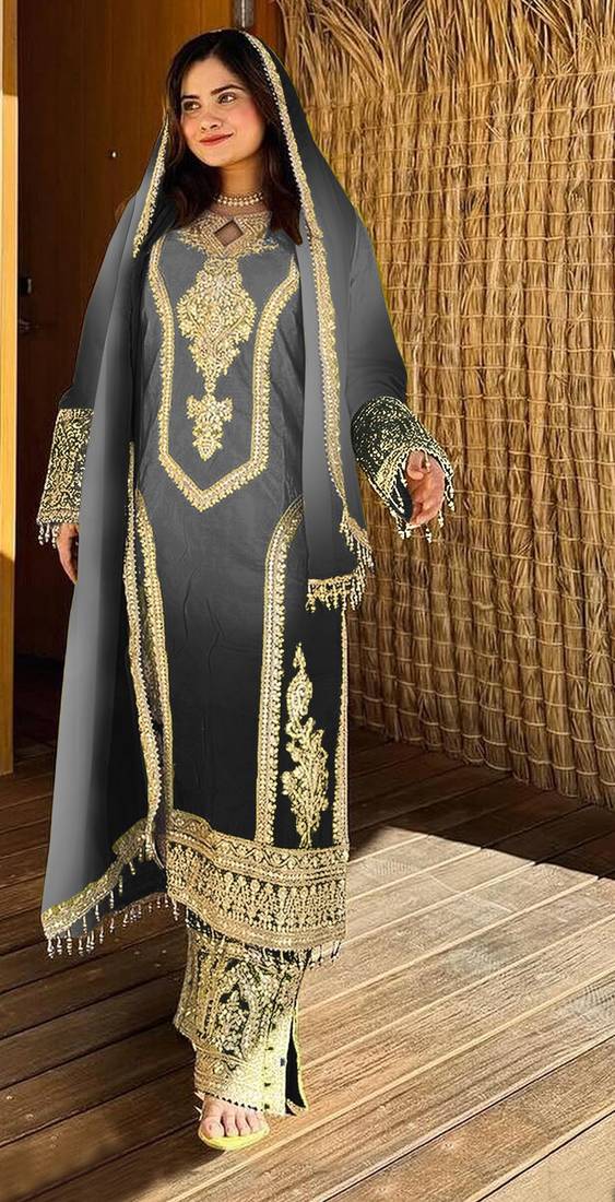 Grey embroidered chinon pakistani salwar suit