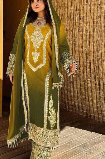Yellow embroidered chinon pakistani salwar suit