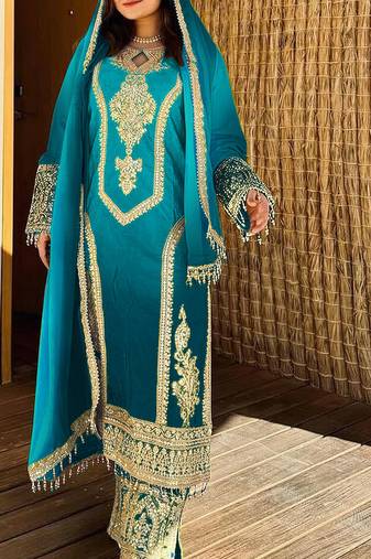 Sky embroidered chinon free pakistani salwar suit
