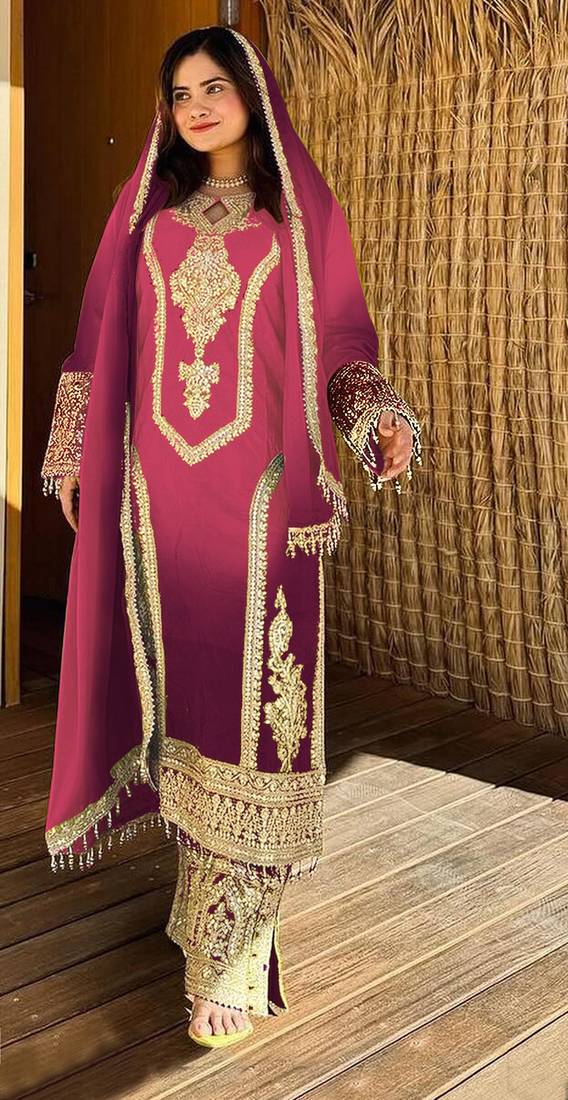 Pink embroidered chinon pakistani salwar suit
