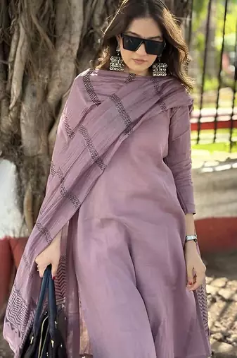 purple cotton slub kurta set with printed dupatta