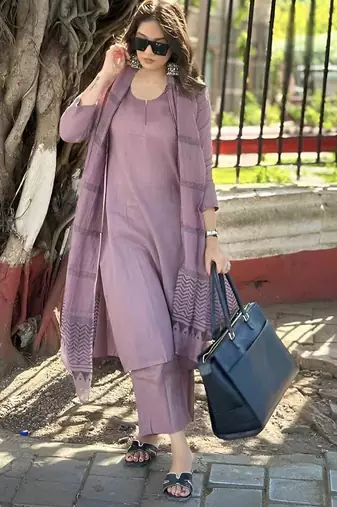 purple cotton slub kurta set with printed dupatta