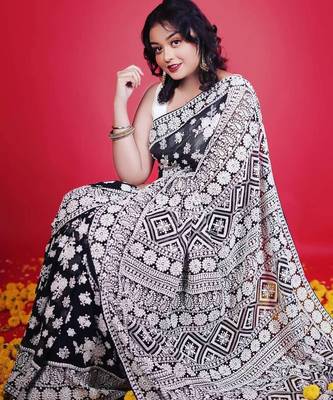 Black Lakhnowi Pattern Thread Embroidered Faux Georgette Saree 1
