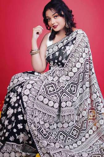 Black Lakhnowi Pattern Thread Embroidered Faux Georgette Saree