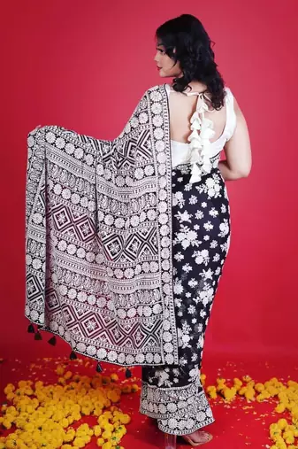 Black Lakhnowi Pattern Thread Embroidered Faux Georgette Saree