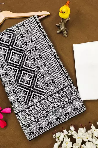 Black Lakhnowi Pattern Thread Embroidered Faux Georgette Saree